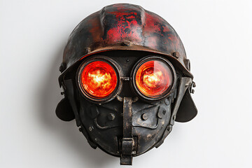 Fototapeta premium photo of an old coal miner's hard hat with a red headlamp on a white backg