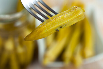 Traditional spanish cuisine, preserved okra on a plate, served in a cafe