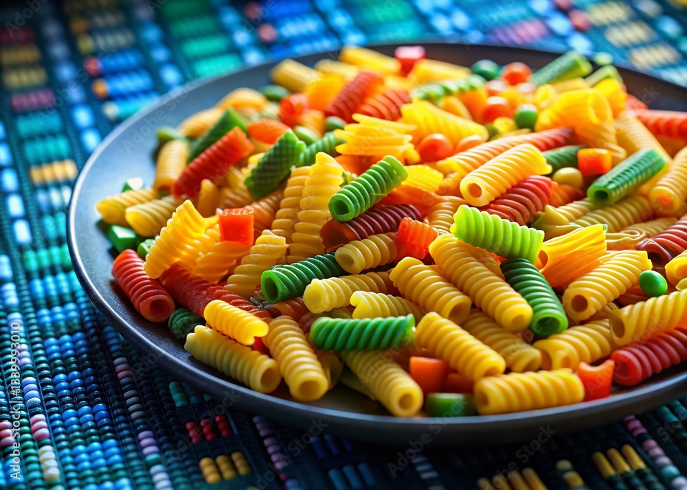 Poster close-up of programming code on a plate, garnished with data bits, food photography style