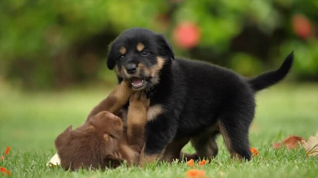 Playful Rottweiler puppies in garden.