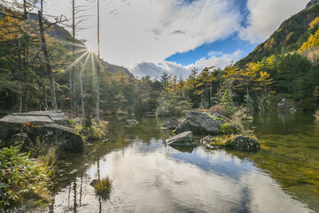 Beautiful Views Of Hotaka Mountains (The Northern Japan Alps) And Autumn Leaves On The Trail To Myojin Pond At Kamikochi, Chubu Sangaku National Park, Nagano, Japan