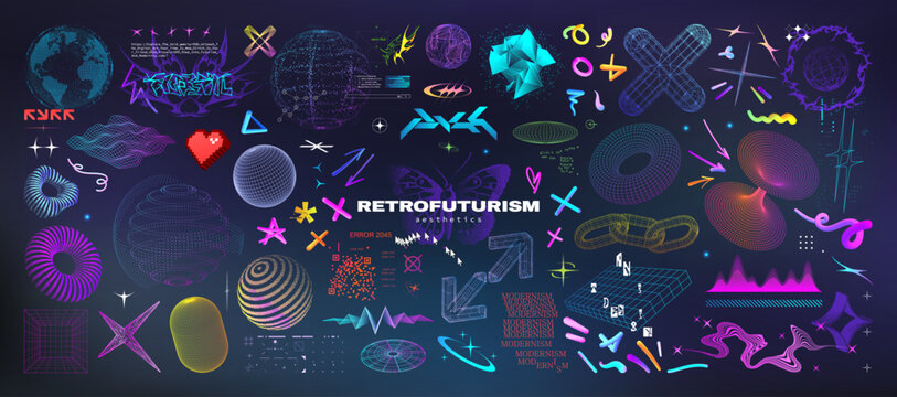 Neon retrofuturistic shapes, 3D trendy elements vaporwave, synthwave style from 80s ,90s ,00s. Retro party neon shapes, Y2K elements and 3D objects for disco genre. Retro Vibe. Vector Y2K graphic box