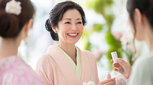 Middle aged Japanese women pastel colored clothing smiling and chatting about beauty products at a happy lively gathering