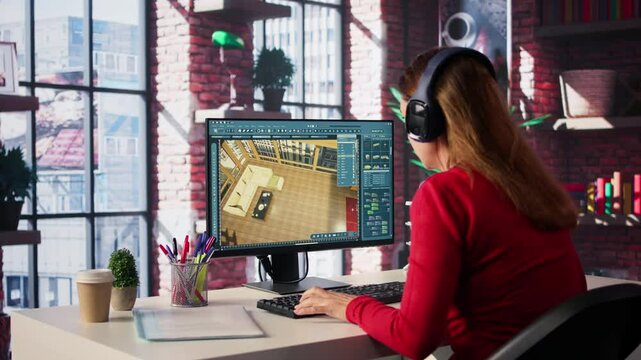Designer interacts with digital technology to produce a virtual home set. Architectural software enables 3D modeling and rendering, placement of furniture and layout adjustments. Camera B.