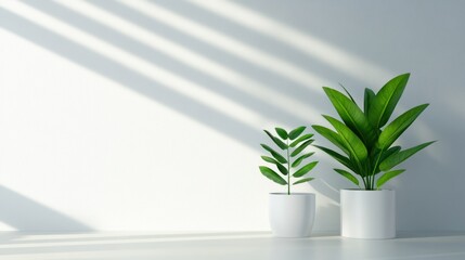 Serene Minimalist Indoor Plantscape: Two potted plants bathed in sunlight against a bright white wall, creating a tranquil and minimalist aesthetic.