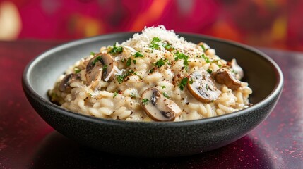 A bowl of creamy mushroom risotto with a sprinkle of parmesan, served on a dark gray plate against a rich maroon background