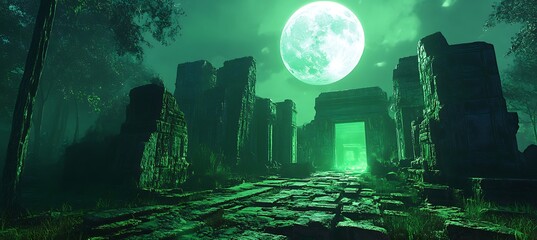 Glowing Green Paths Guiding The Way To A Sacred Ancient Temple Beneath The Moonlight With A Magical Backdrop.