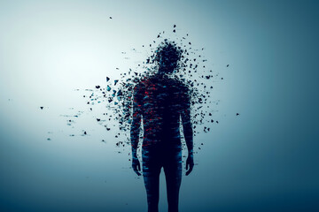 A man is standing in a blurry, fragmented image