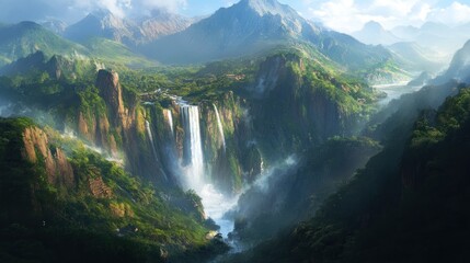 Fototapeta premium A massive waterfall plunging down a canyon, surrounded by lush green mountains --ar 16:9 --v 6.1 Job ID: 52de28a3-ae0d-436c-89fd-eb75e5d35844