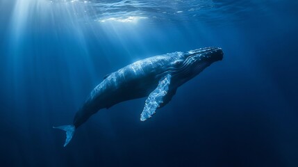 Fototapeta premium Blue whale emerging from the deep its massive form shadowed against the ocean floor breathtaking wildlife photography