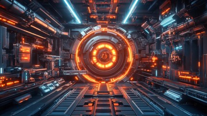 Futuristic Sci Fi Spaceship Corridor With Glowing Orange Lights