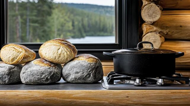 Rustic kitchen with homemade bread and cast iron pot