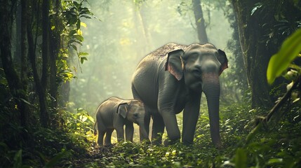 Fototapeta premium Borneo Pygmy Elephant calf walking beside its mother in a misty rainforest their small rounded frames contrasting with towering trees