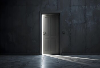 A single door slightly open in darkness, with soft light shining through. A minimalist concept symbolizing hope, new possibilities, and opportunities, ideal for mental health and motivation themes.
