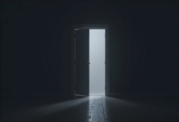 A single door slightly open in darkness, with soft light shining through. A minimalist concept symbolizing hope, new possibilities, and opportunities, ideal for mental health and motivation themes.