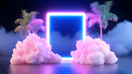 Surreal Neon Portal Scene with Pink Clouds and Palm Trees