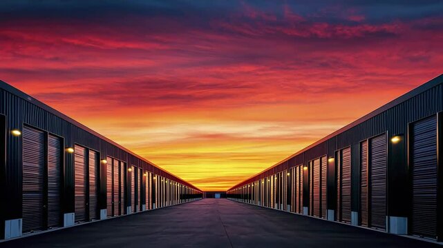 Sunset over storage units with vibrant colors and dramatic sky