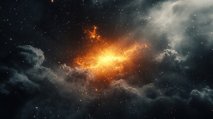 Fototapeta premium Cosmic Inferno: A fiery nebula explodes in the vast expanse of space, surrounded by swirling clouds of gas and dust. A celestial spectacle of vibrant orange and deep blacks.