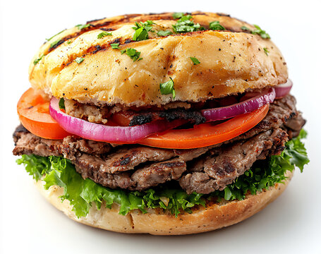 photograph of a doner kebab sandwich, isolated on a white background,