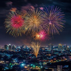 Spectacular Night Fireworks Display Over a City Skyline with Colorful Explosions Illuminating the Night