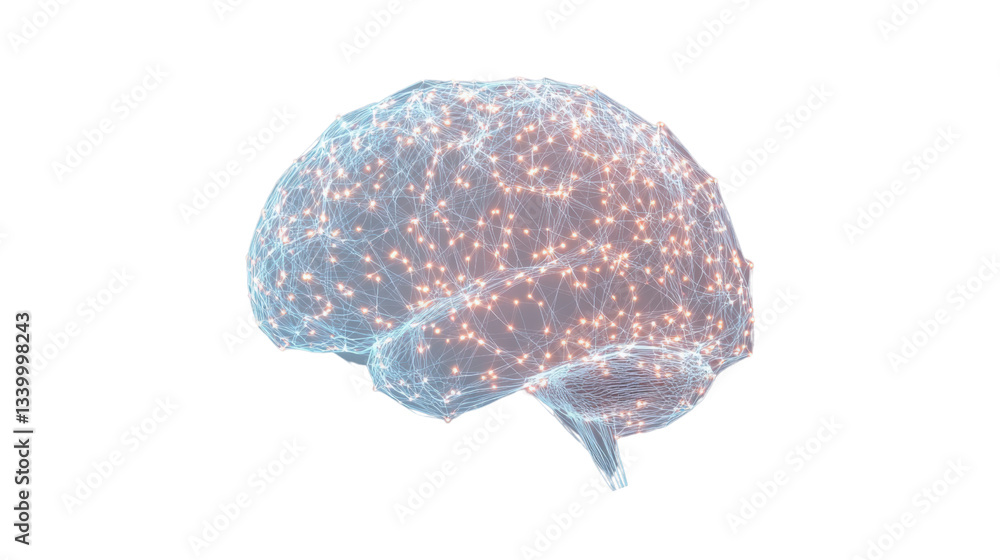 Poster glowing brain showing neural connections on transparent background