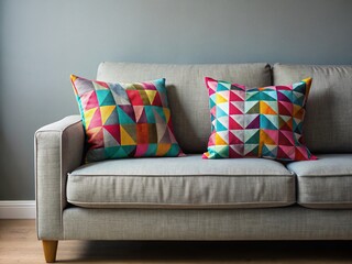 Colorful Geometric Pillow on Grey Couch - Stylish Home Decor Stock Photo
