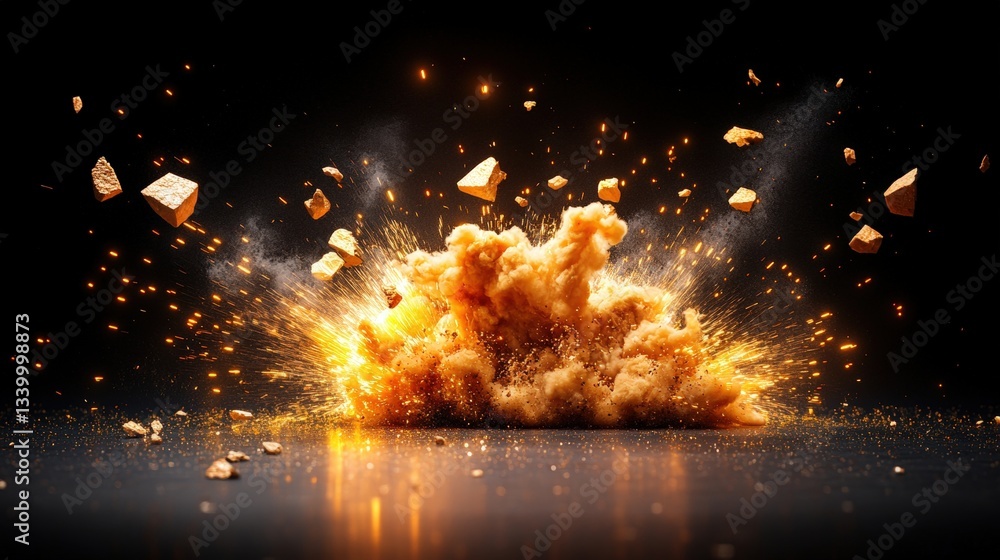 Poster vibrant explosion of gold and orange flames erupting in a dynamic display of light and color against