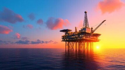 Obraz premium Offshore Oil Rig at Sunset: A Majestic View of Energy Production