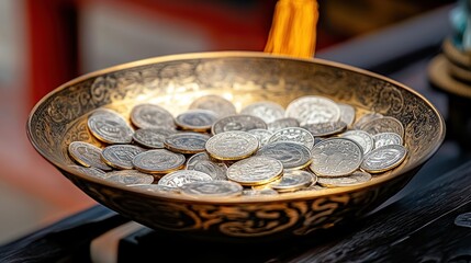 Ancient Coins in Ornate Bowl: A Glimpse into History
