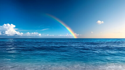Vibrant Rainbow Arcing Over a Tranquil Blue Ocean Under a Partly Cloudy Sky