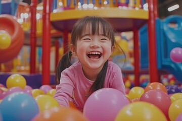 Obraz premium Child's Joyful Play in Colorful Ball Pit: Happy Toddler's Fun, Indoor Playground Adventures, Bright Balls, Smiling Girl's Excitement