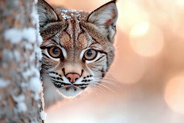 Close up portrait of wild bobcat face with intense stare and distinctive facial markings against soft bokeh background in winter nature setting.