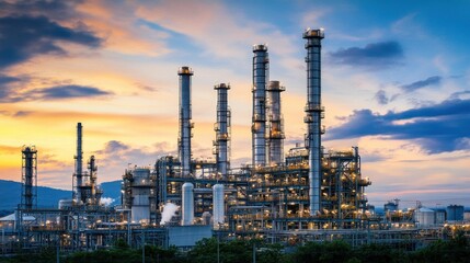 Obraz premium Majestic Industrial Sunset, Oil Refinery at Golden Hour