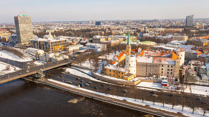 Riga, Latvia, Beautiful panoramic aerial photo from drone to Old Riga on a beautiful sunny winter...