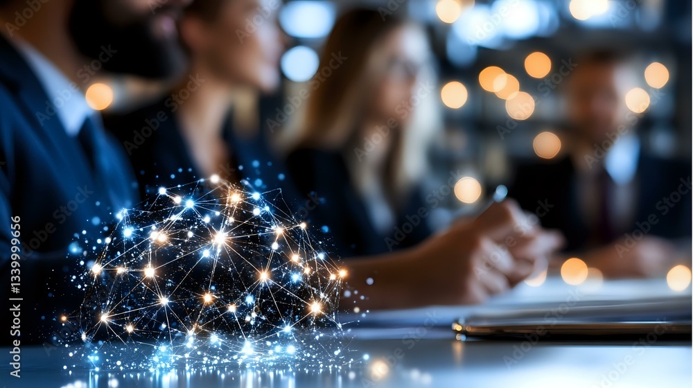 Poster digital neural network sphere glowing on business meeting table with diverse professionals discussin