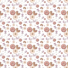 Seamless cute pattern with pink glazed donuts on light pink background, pxl 5000x5000, wallpaper, card, wedding gift, birthday present, invitation, anniversary