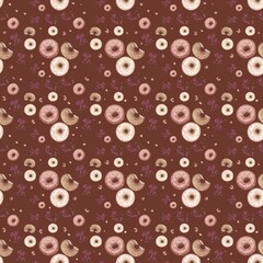 Seamless cute pattern with pink glazed donuts on brown background, pxl 5000x5000, wallpaper, card, wedding gift, birthday present, invitation, anniversary