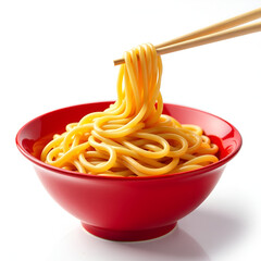 Delicious Noodles In Red Bowl With Chopsticks