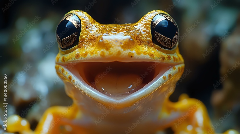 Poster smiling orange tree frog close-up portrait showing bright eyes and open mouth. vibrant amphibian mac