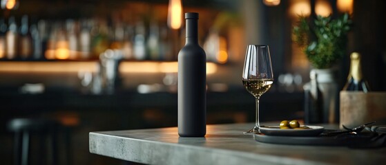  Minimal Frosted Grey Olive Oil Bottle, Fine Dining Rooftop, Concrete Bar, Skyline Lights. Fine dining. Copy space. Generative AI

