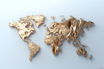 Golden textured world map relief on light background showing continental topography and geographical features with metallic surface finish.