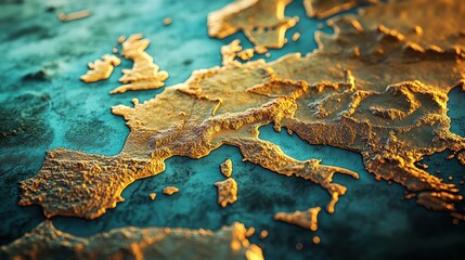 Detailed golden Europe map with turquoise oceans and rough terrain. Great for geography, travel, or even for a historical background.