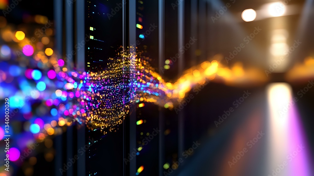 Poster glowing abstract light wave with colorful bokeh effect against dark background, flowing energy strea