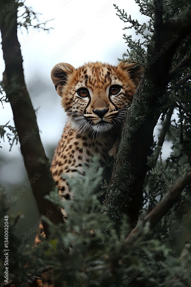 Poster young leopard cub peering through tree branches with curious expression, dark moody atmosphere creat