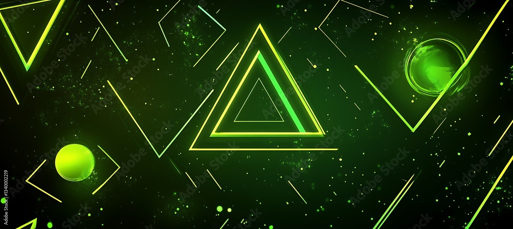Poster a neon background with glowing green triangles and circles blending into a deep black space.