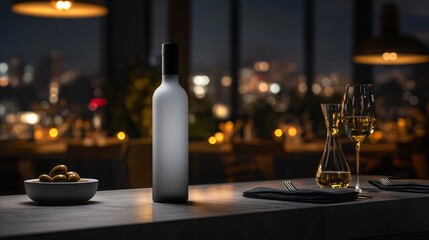  Minimal Frosted Grey Olive Oil Bottle, Fine Dining Rooftop, Concrete Bar, Skyline Lights. Fine dining. Copy space. Generative AI
