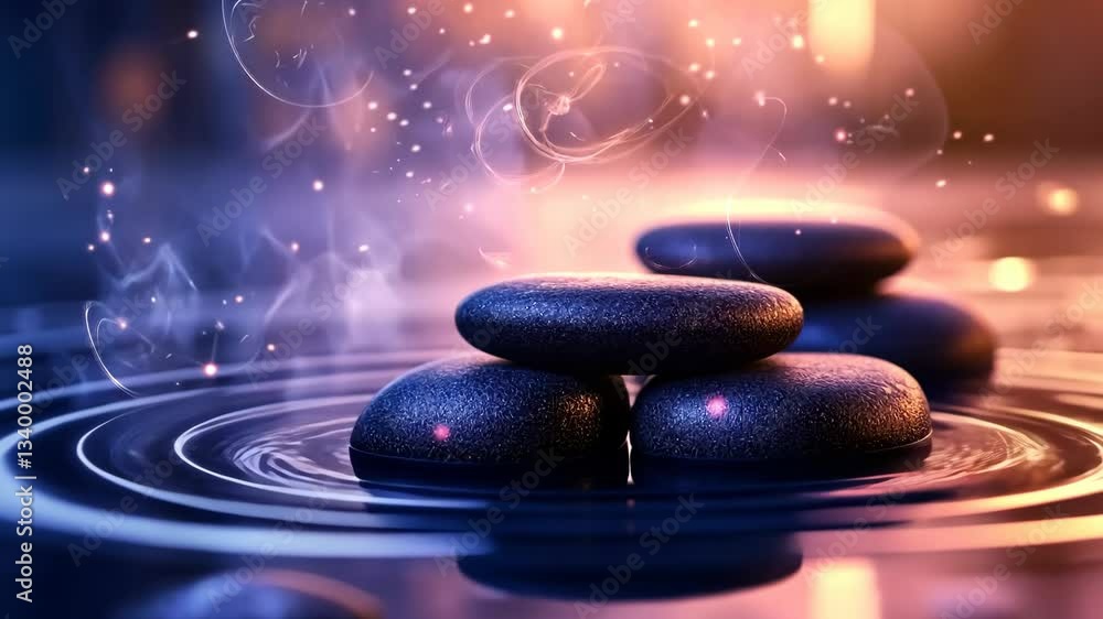 Poster tranquil stacking of smooth black stones in water at a serene setting during twilight