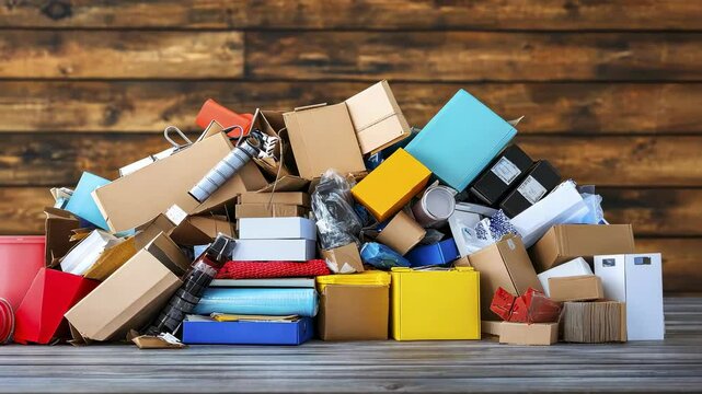 cluttered collection of colorful cardboard boxes and items on wooden background