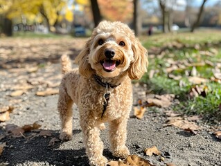 Happy Cockapoo Dog Standing on Path in Park During Autumn
