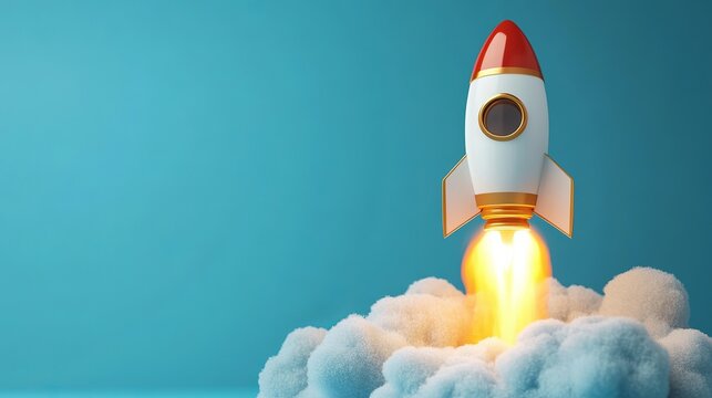 White Rocket Launching Through Clouds Blue Background Startup Success Innovation Technology Business Growth Digital Marketing Creative Design Modern  